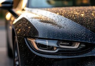 Ceramic-coated car with glossy water-beading finish